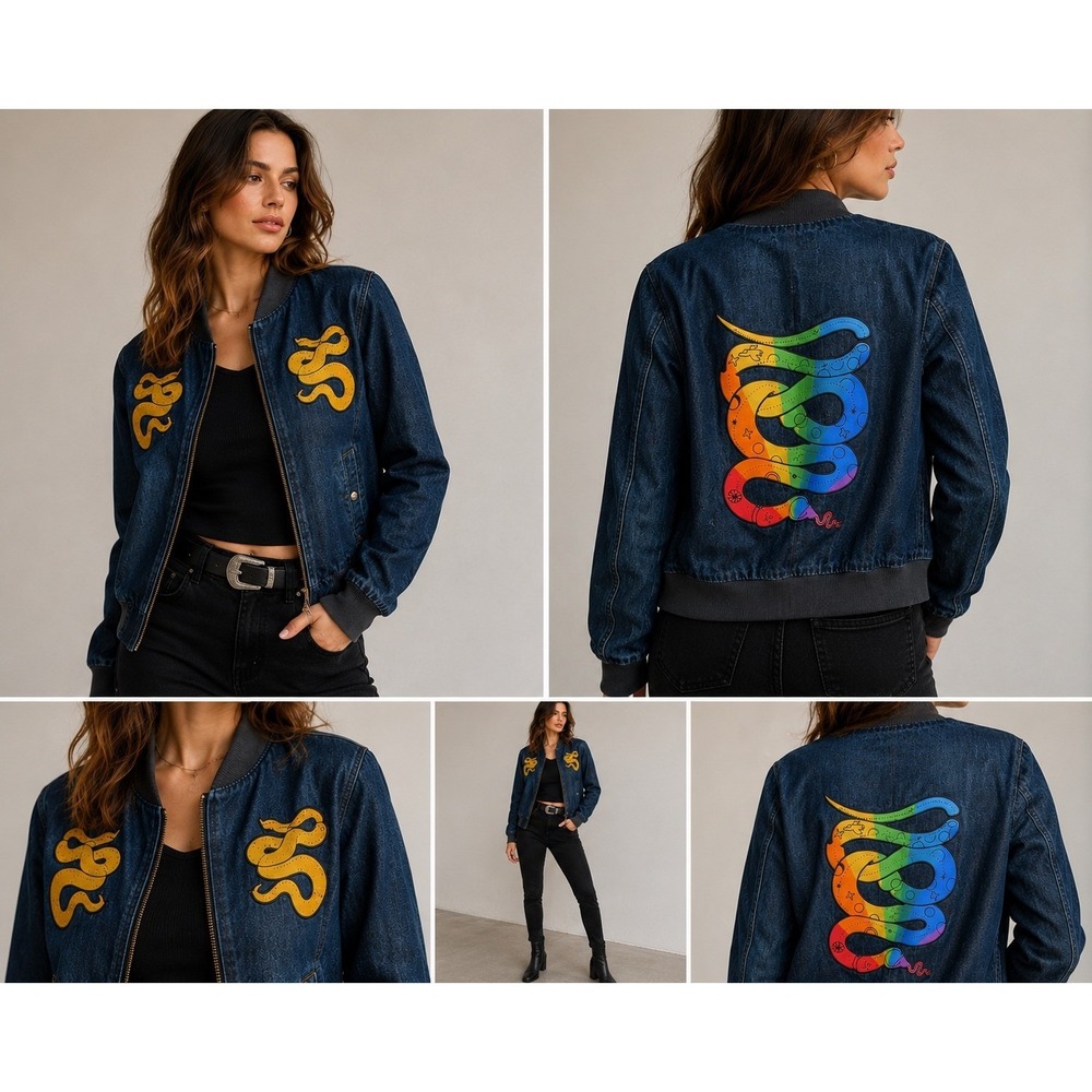 Hallow Society Snake Embroidered Denim Bomber Jacket XS Western Festival Y2K